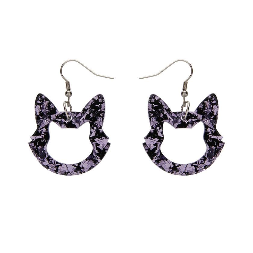 Cat Head Chunky Glitter Resin Drop Earrings - Lavender - Rockamilly-Jewellery-Vintage