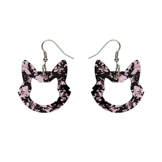 Cat Head Chunky Glitter Resin Drop Earrings - Pink - Rockamilly-Jewellery-Vintage