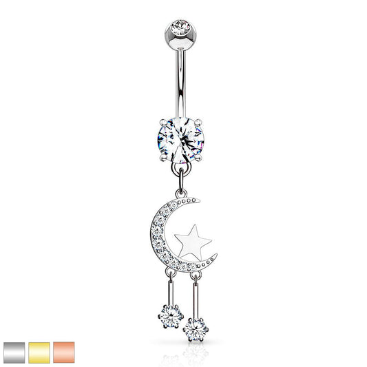 CZ Paved Crescent Moon and Star Dangle Navel Ring - Rockamilly--Vintage