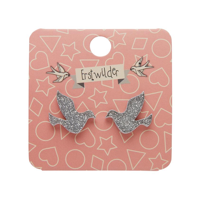 Dove Glitter Resin Stud Earrings - Silver - Rockamilly-Jewellery-Vintage