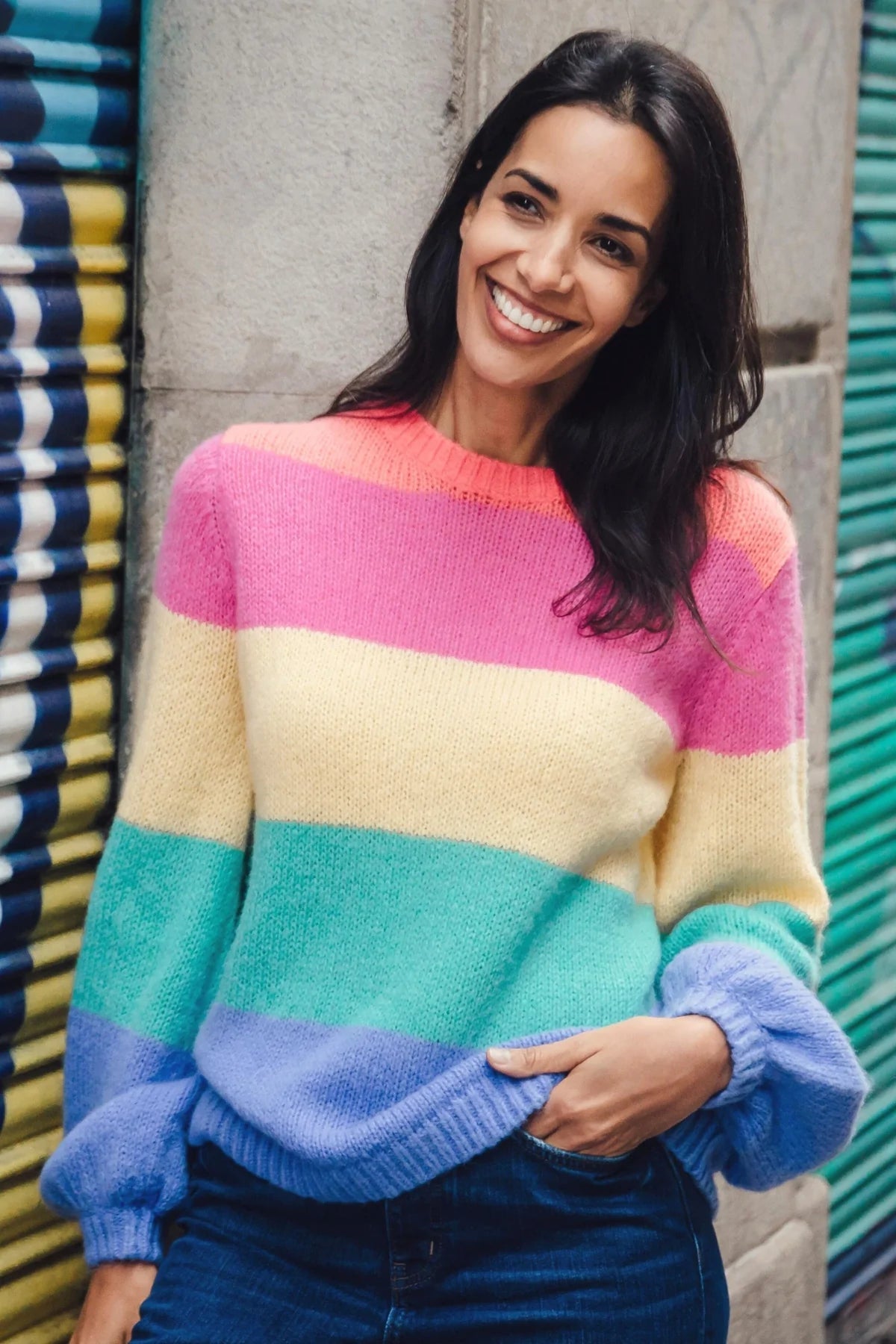 Essie Jumper - Multi, Rainbow Block Stripes - Rockamilly-Knitwear-Vintage