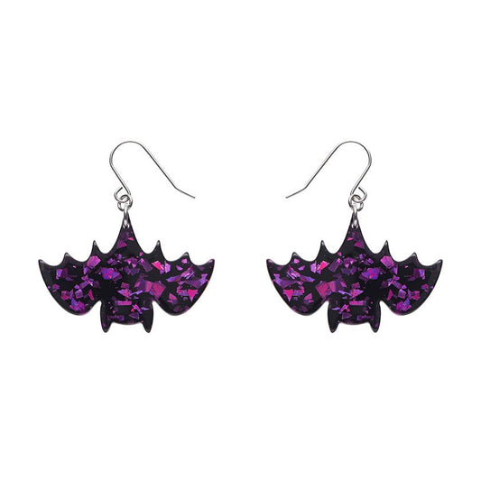 Fang Time Bat Chunky Glitter Drop Earrings - Purple - Rockamilly-Jewellery-Vintage