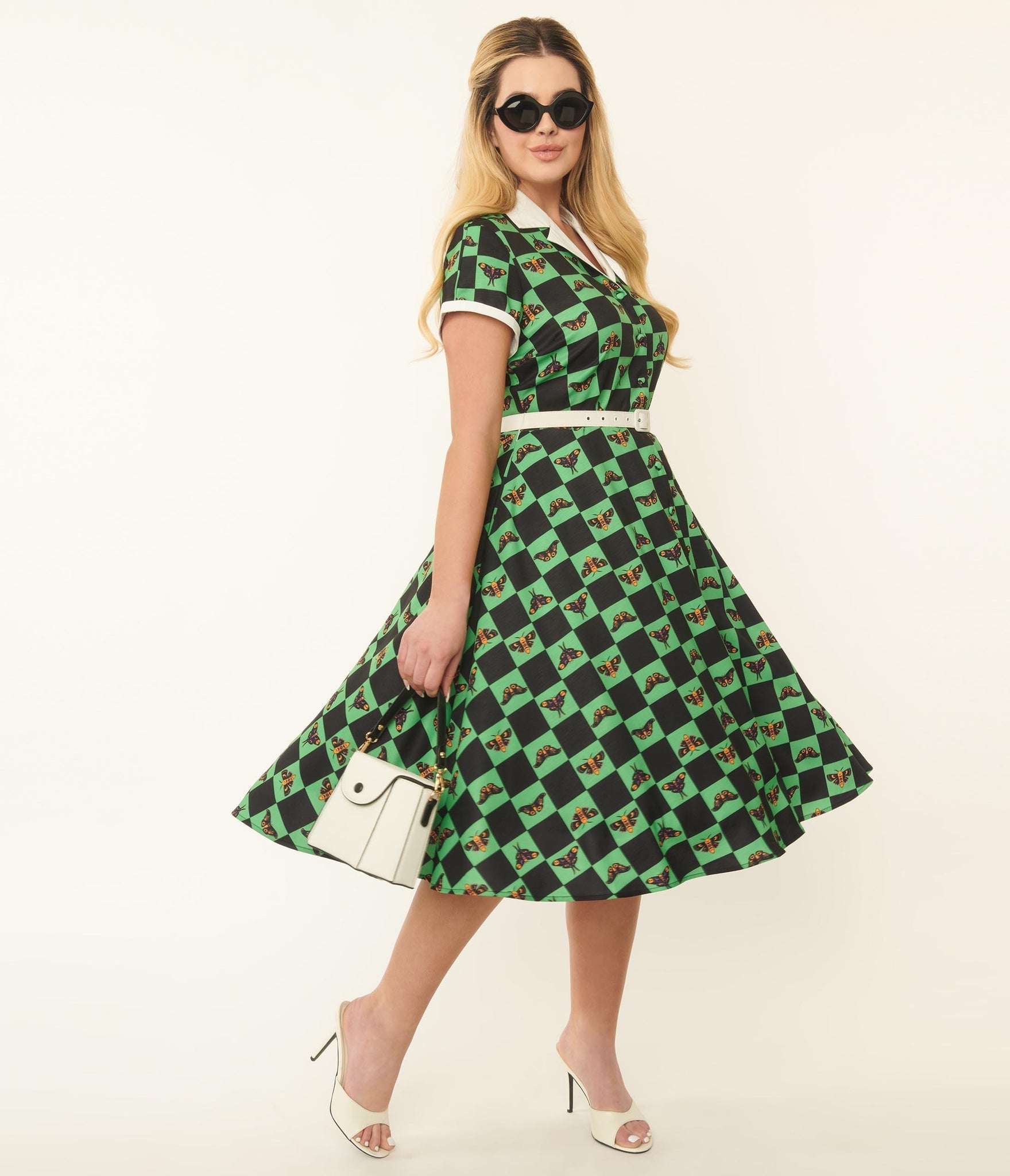 Green Moth Chequered Print Alexis Swing Dress Rockamilly Green Moth Chequered Print Alexis Swing Dress Rockamilly