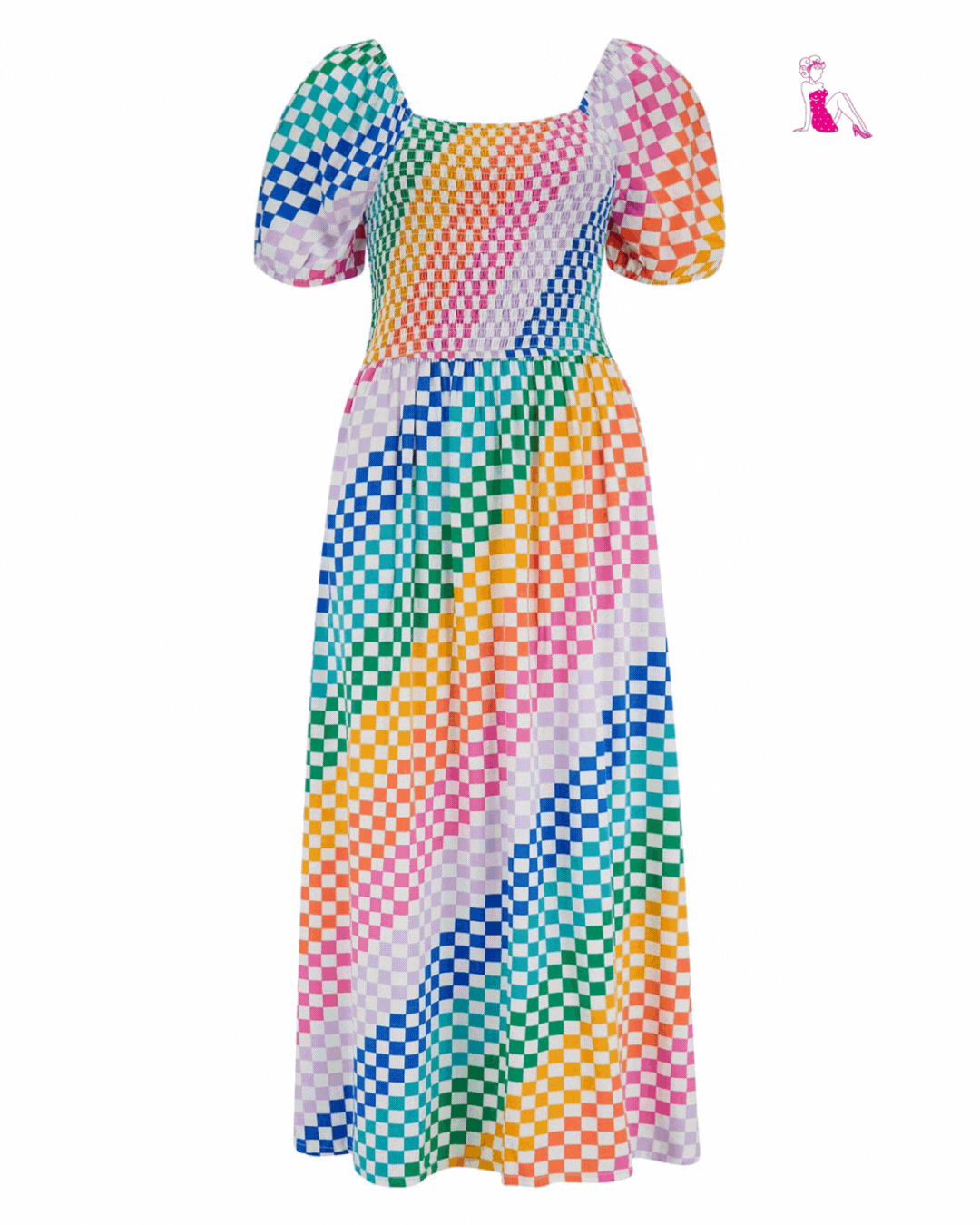 Jolene Chequered Rainbow Midi Shirred Dress - Rockamilly-Dresses-Vintage