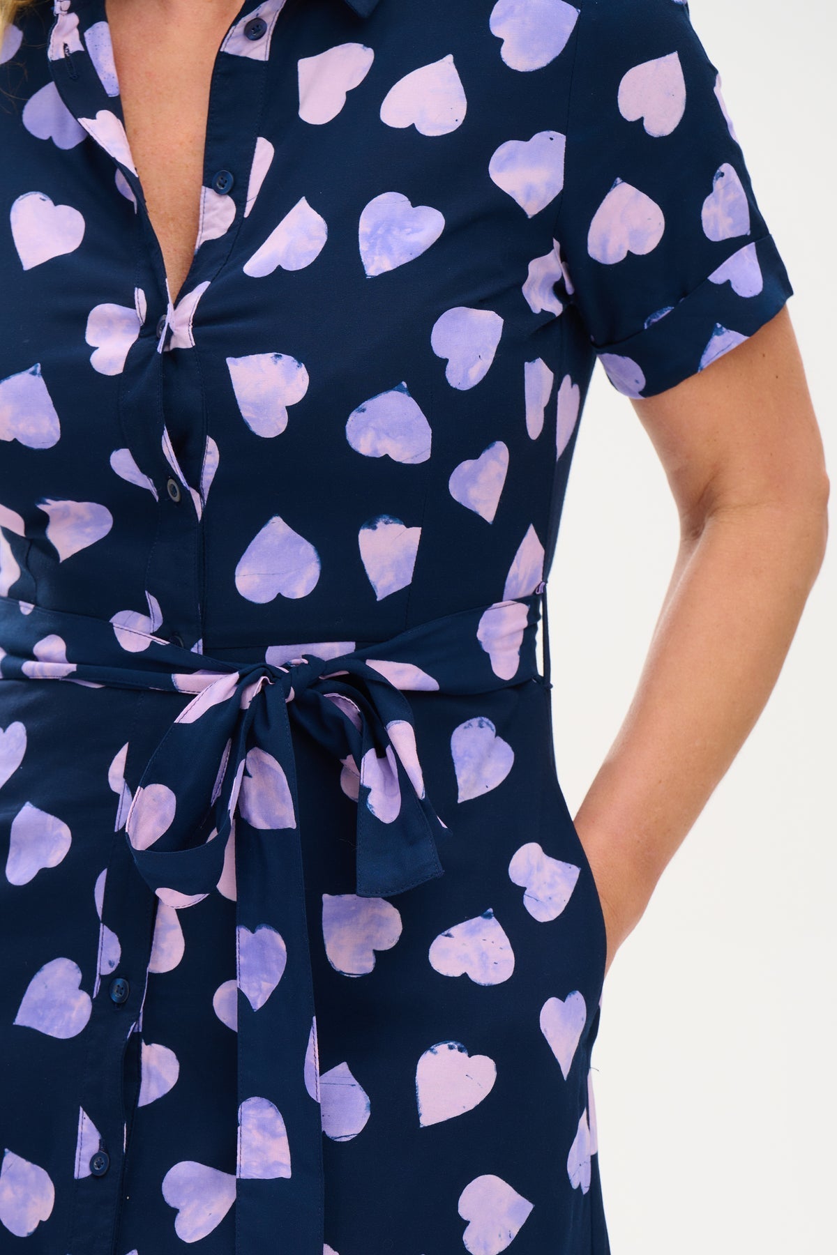 Lauretta Batik Shirt Dress - Navy & Lilac Big Hearts - Rockamilly-Dresses-Vintage