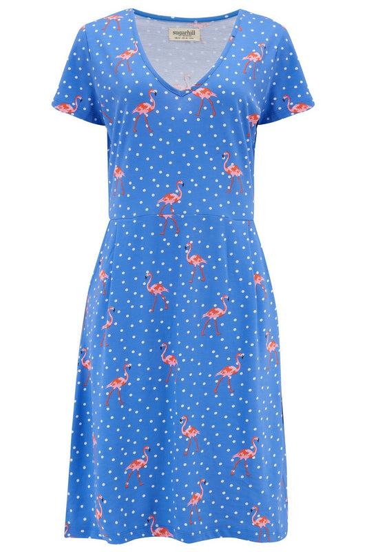 Liliana Jersey Dress Blue, Dotty Flamingos - Rockamilly-Dresses-Vintage