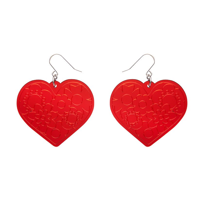 Love Heart Mirror Drop Earrings - Red - Rockamilly-Jewellery-Vintage