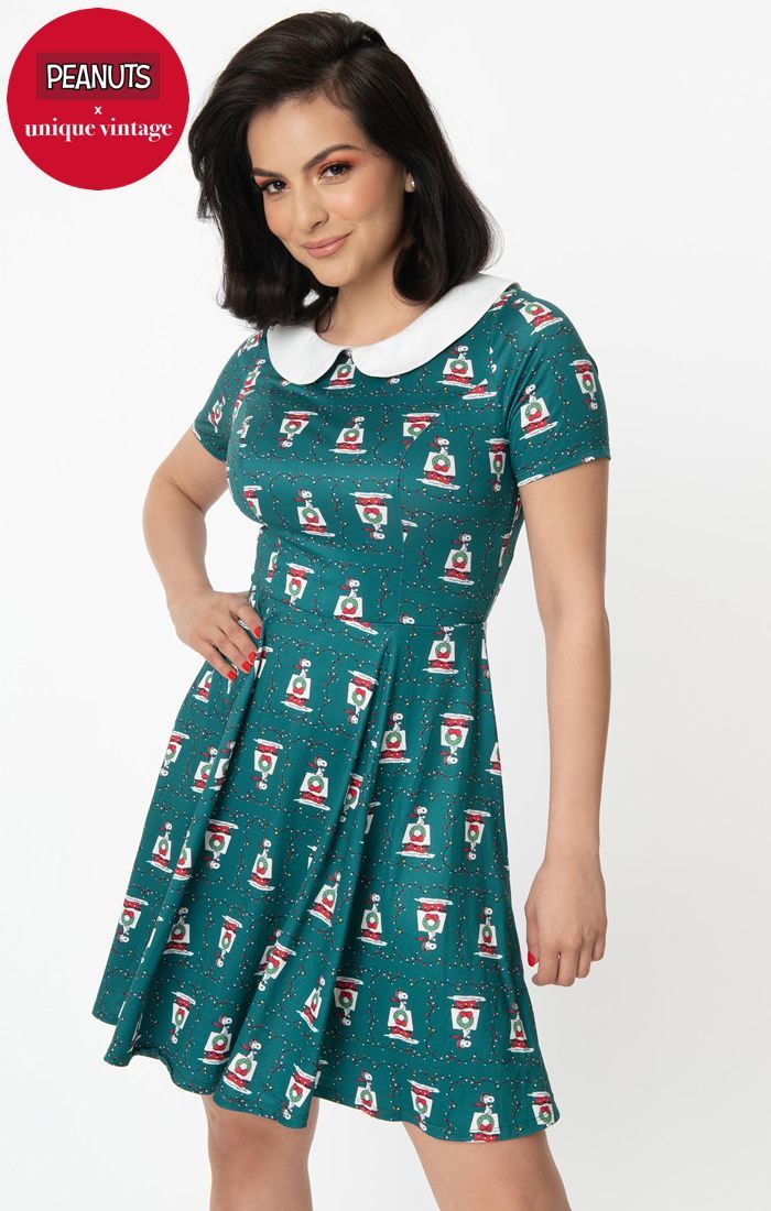 Peanuts X Unique Vintage Snoopy Christmas Margot Fit & Flare Dress - Rockamilly-Shorts & Skirts-Vintage