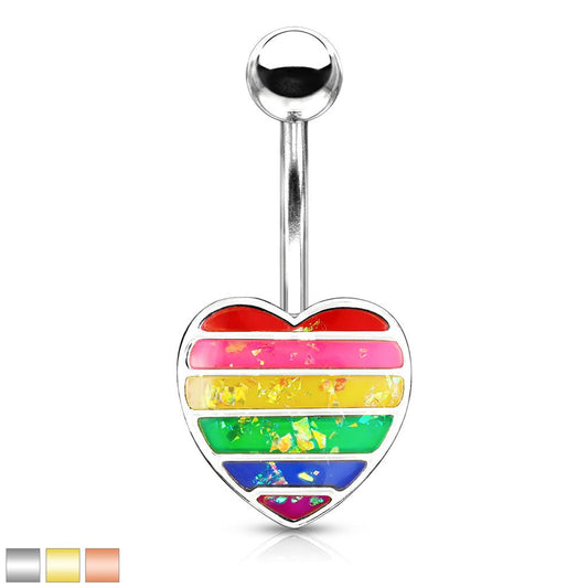 Rainbow Opal Glitter Filled Heart 316L Surgical Steel Navel Ring - Rockamilly--Vintage