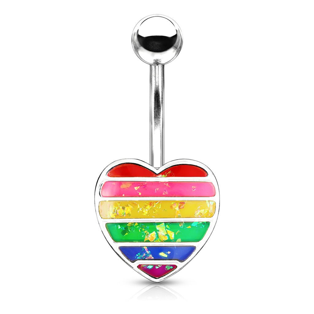 Rainbow Opal Glitter Filled Heart 316L Surgical Steel Navel Ring - Rockamilly--Vintage