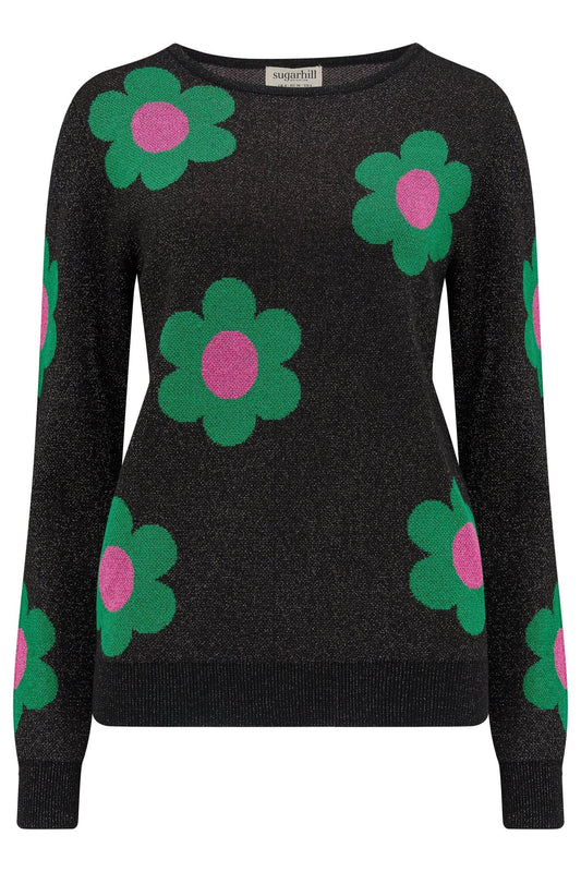 Rowena Jumper - Black, Sparkle Flowers - Rockamilly-Knitwear-Vintage
