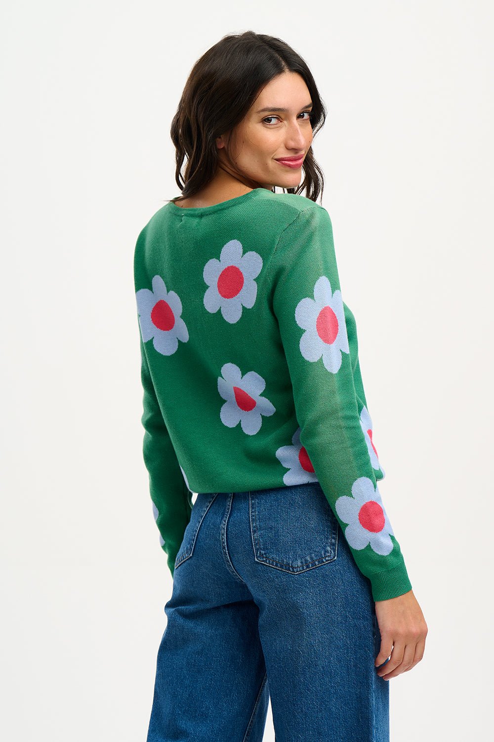 Rowena Jumper - Green Retro Flowers - Rockamilly-Knitwear-Vintage