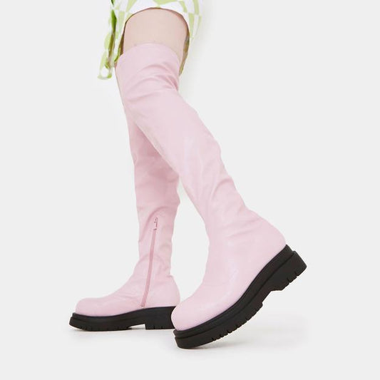 Sassy Cherry Bubblegum Pink Long Boots - Rockamilly-Shoes-Vintage