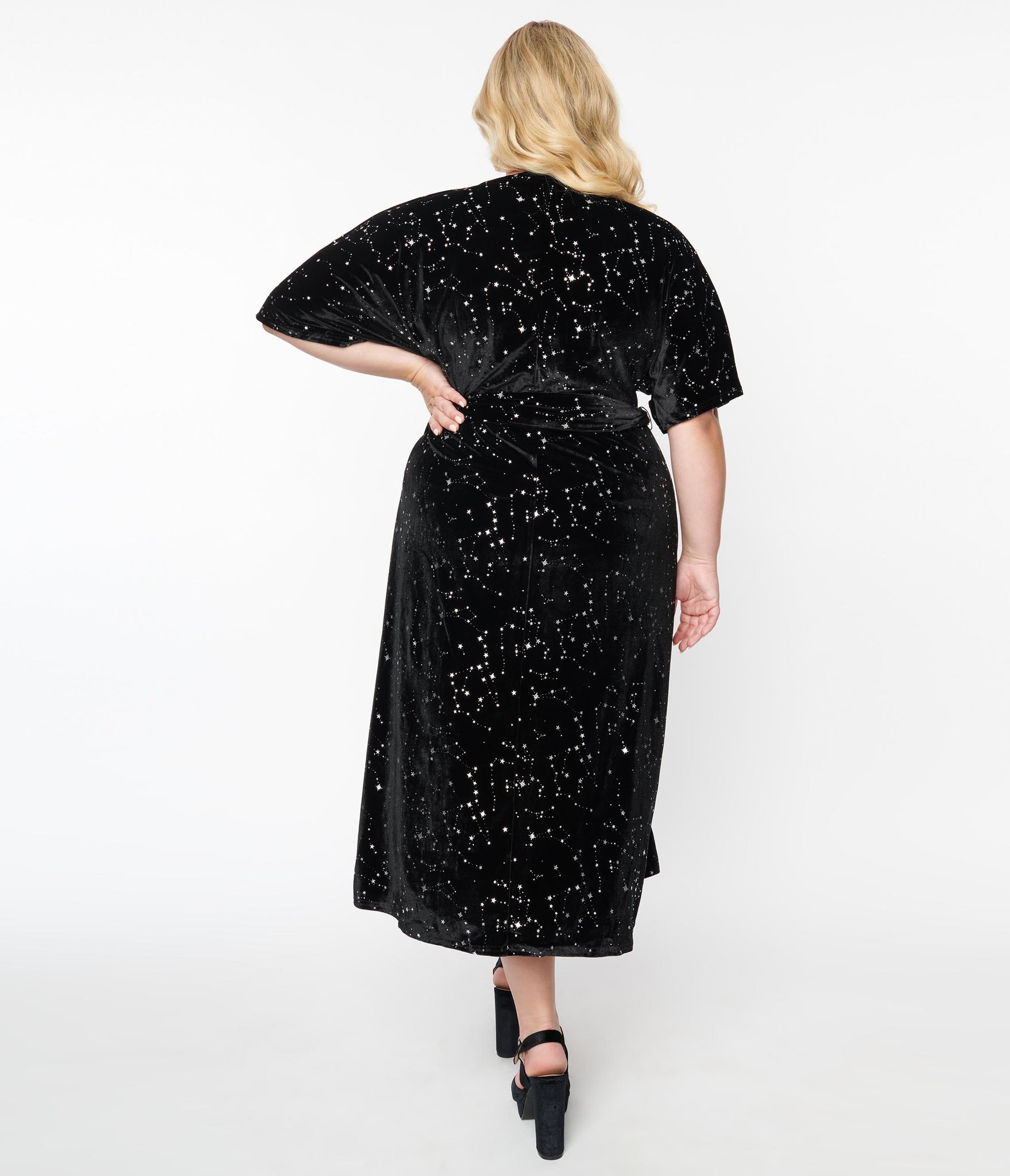 Star Print Black Velvet Wrap Dress - Rockamilly-Dresses-Vintage