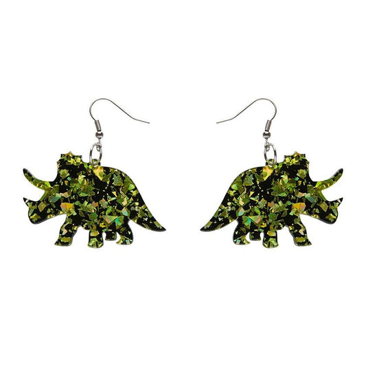 Triceratops Chunky Glitter Resin Drop Earrings - Lime - Rockamilly-Jewellery-Vintage