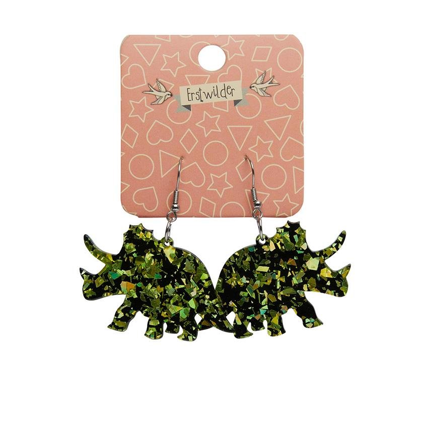 Triceratops Chunky Glitter Resin Drop Earrings - Lime - Rockamilly-Jewellery-Vintage