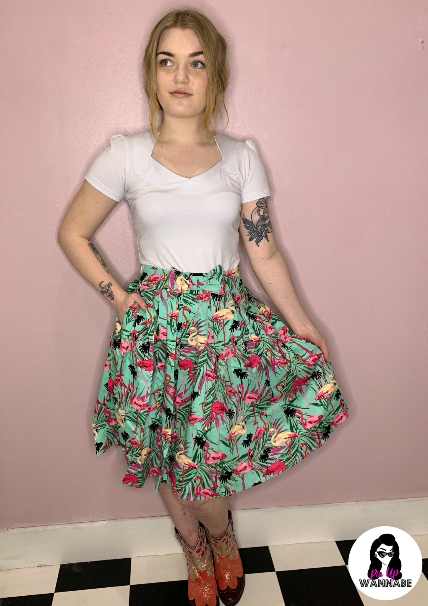 Verity Flamingo High Waist Pleated Skirt - Rockamilly-Skirts-Vintage